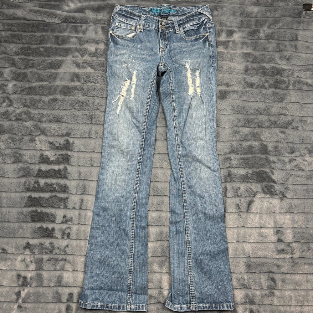 Ariya Jeans Womens 3/4 Distressed Bootcut Blue Denim Low Rise Y2K Paint Splatter